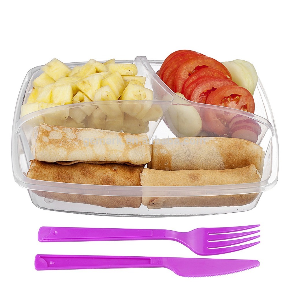 Plastic 3 divided fruit snack tray Lunch Box 3-compartment Food Container with Lid