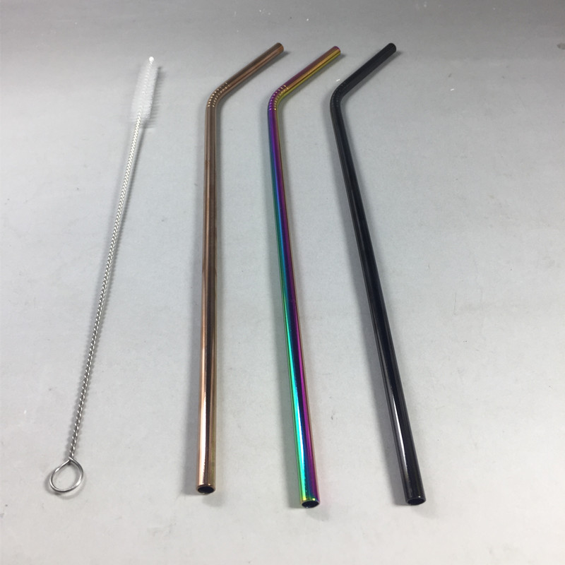 Colorful Straight And Bent Metal Reusable Straws Stainless Steel Drinking Straws With Cleaning Brush