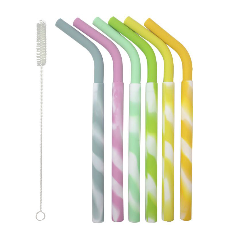 Food Grade Soft Silicone Straight & Bendy Drinking Straws with Metal Cleaning Brush Set 4