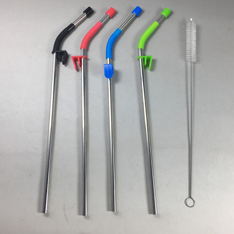 Pack of 4 Stainless Steel Drinking Straws with Durable Silicon Ring Includes A Cleaning Brush